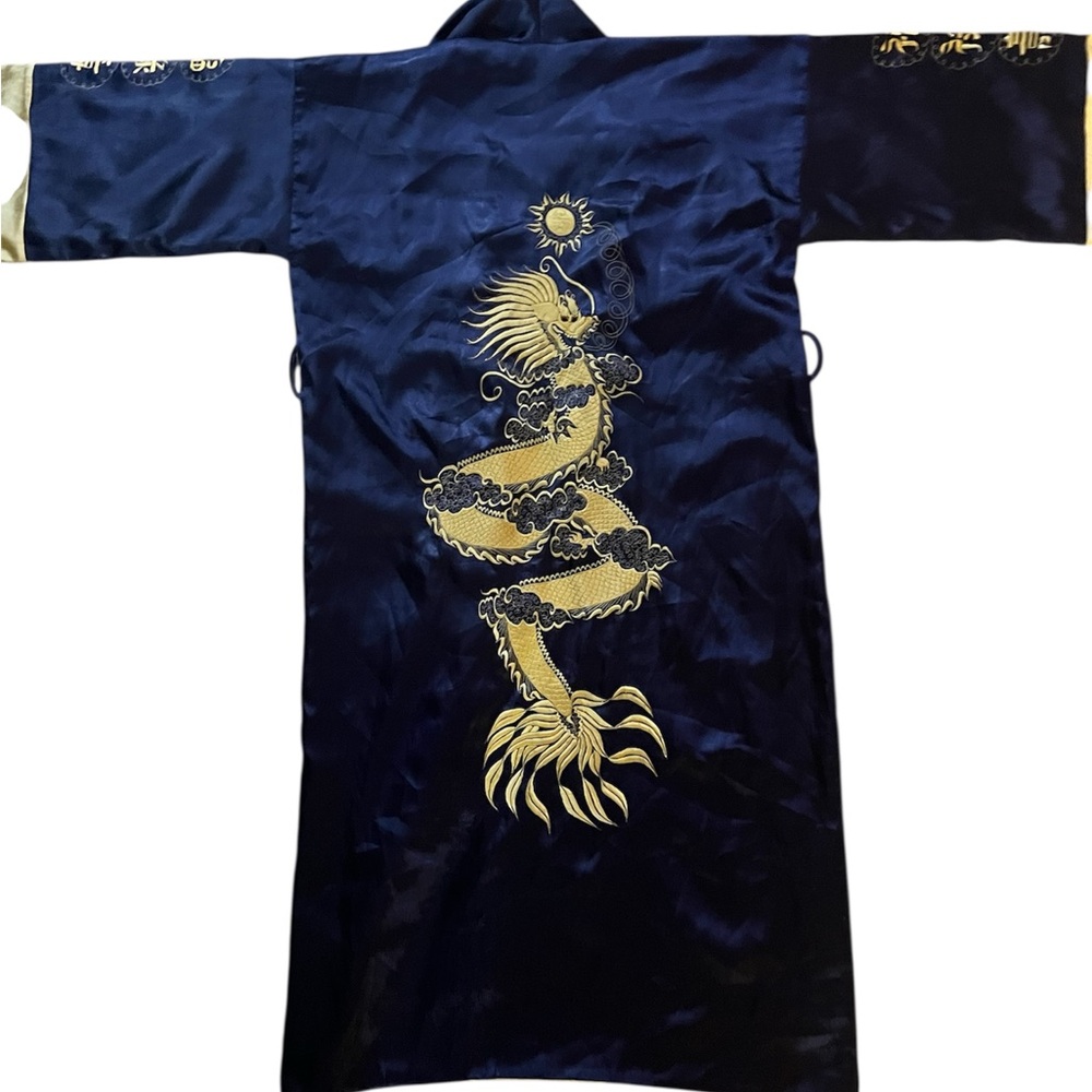 Elegant Blue Kimono with Gold Dragon Embroidery reversible